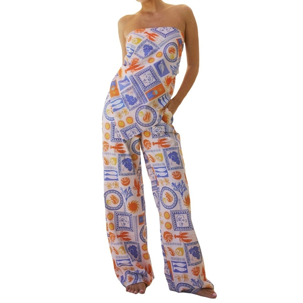 NWOT Mediterranean Print Tie-Back Scarf Top & Wide-Leg Trouser Set - Picture 3 of 7